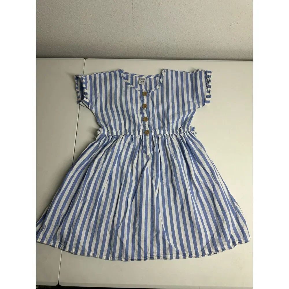 Carters Girls Size 7/7X Blue White Striped Linen Cotton Dress Short Sleeve